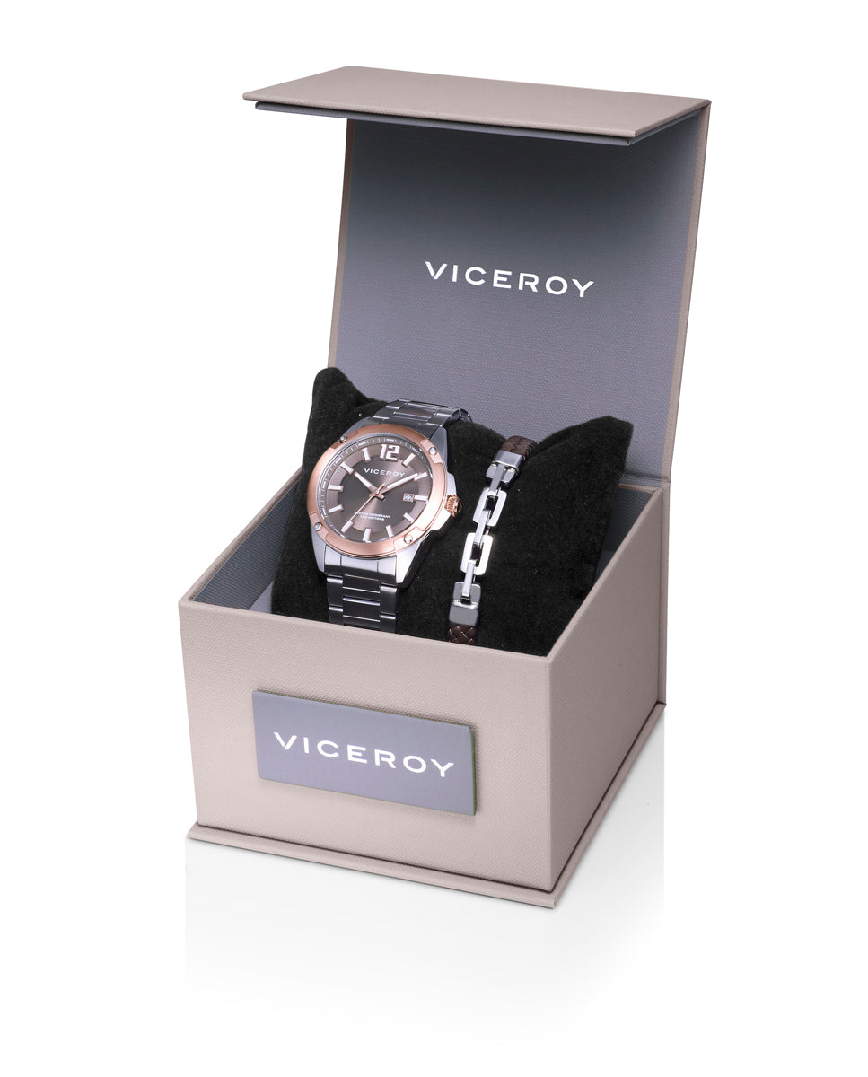 PACK RELOJ CON PULSERA CAJA BICOLOR ACERO ROSA CON MOVIMIENTO DE CUARZO