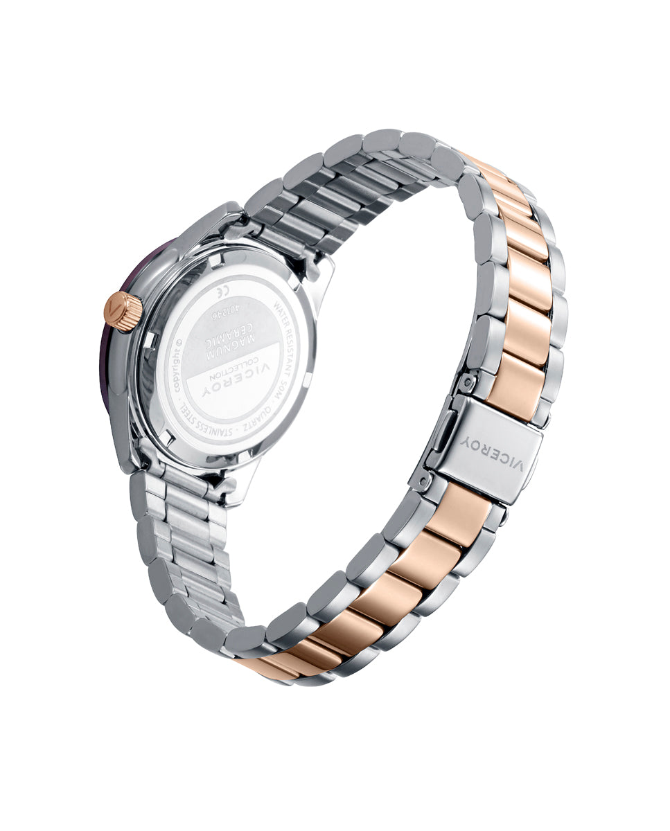 RELOJ CAJA DE ACERO CON BISEL CERÁMICO MARRÓN Y BRAZALETE BICOLOR ROSA CON MOVIMIENTO CUARZO