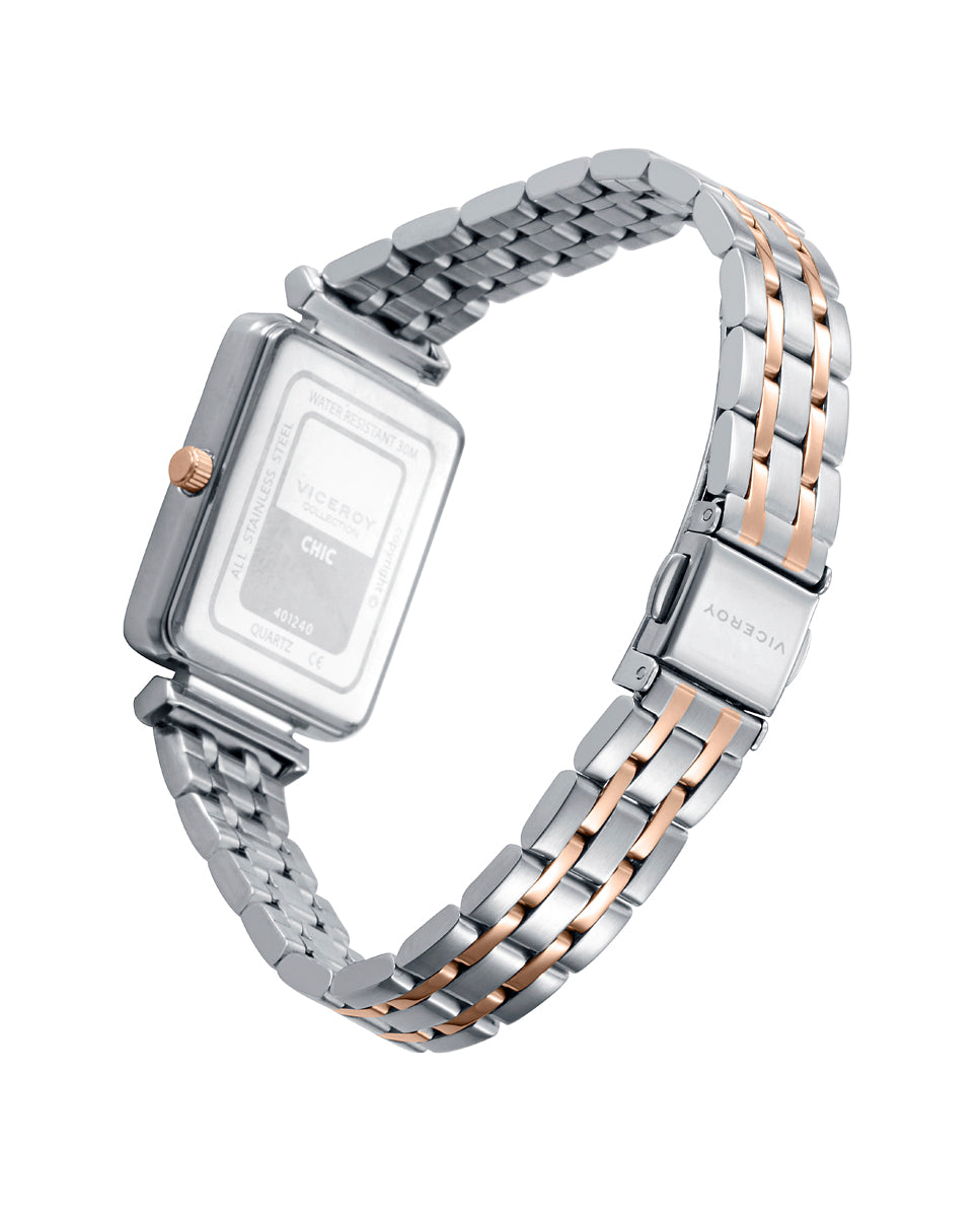 RELOJ CAJA CERO CON CORONA ROSA Y BRAZALETE BICOLOR ROSA CON MOVIMIENTO CUARZO