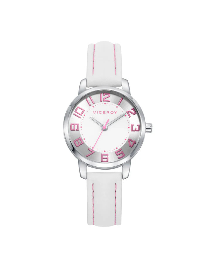 RELOJ PARA NIÑA CON CORREA Y ESFERA BLANCA Y BISEL PLATEADO. PULSERA DE CORDÓN CON ÁRBOL DE LA VIDA EN PLATA DE LEY DE REGALO. Ref. 401216-05