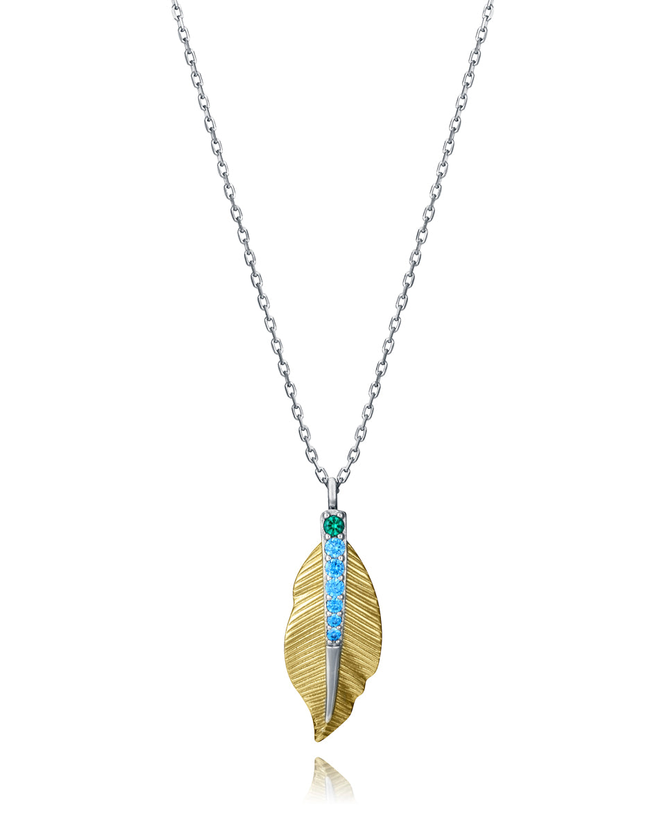 COLLAR DE PLATA DE PRIMERA LEY CON BAÑO DE ORO Y RODIO CON COLGANTE EN FORMA DE PLUMA