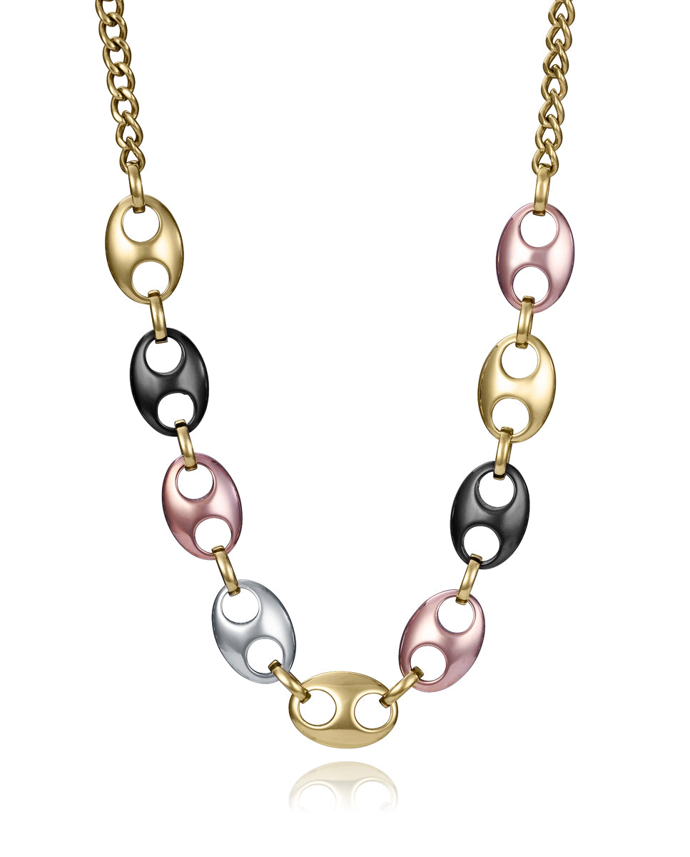 COLLAR DE MUJER DE ACERO TIPO CALABROTE CON IP DORADO, NEGRO Y ROSA