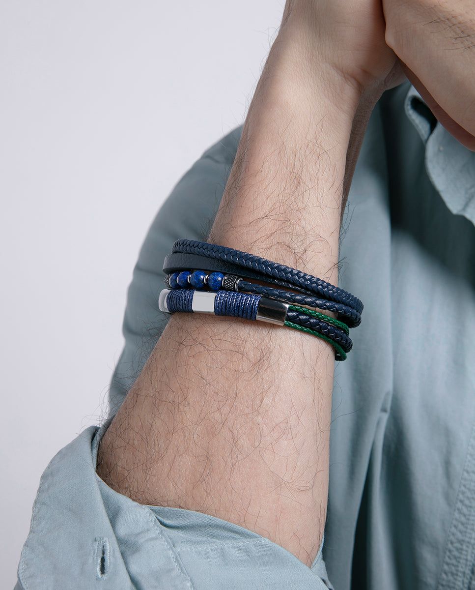 PULSERA DE PIEL AZUL Y VERDE, CORDÓN AZUL Y DETALLES EN ACERO