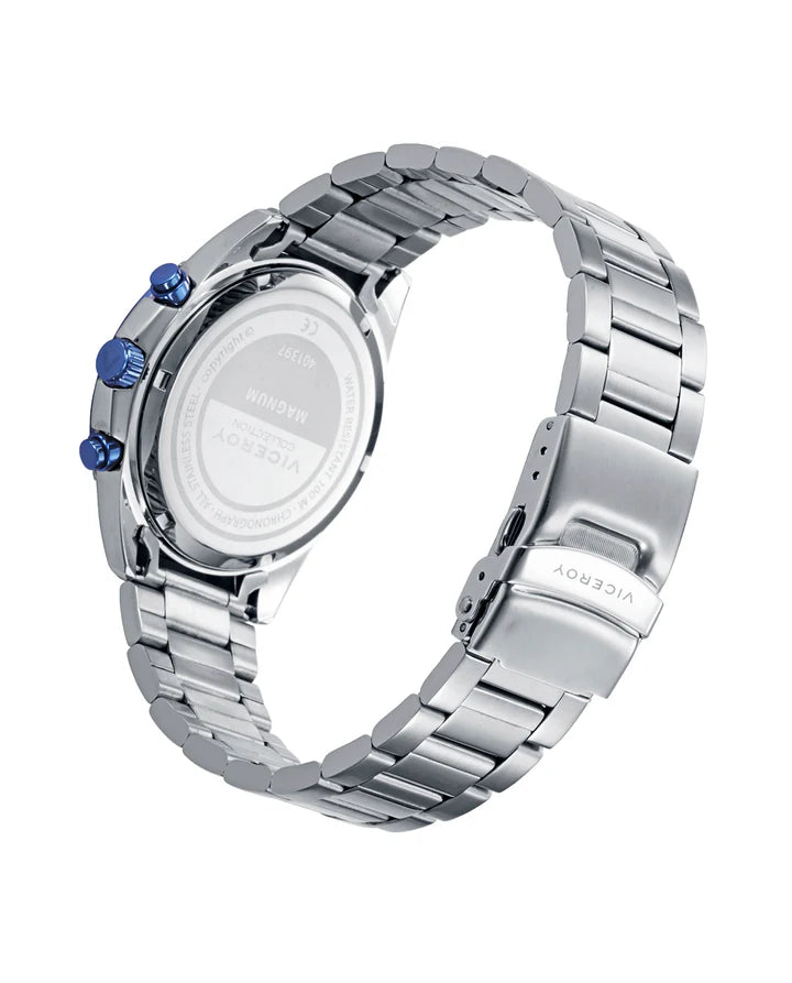 RELOJ CAJA DE ACERO CON BISEL LP AZUL 10 ATM Y BRAZALETE DE ACERO CON MOVIMIENTO CUARZO