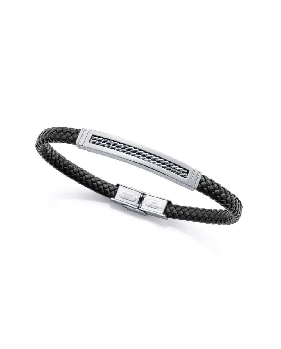 PULSERA DE HOMBRE DE ACERO Y PIEL NEGRA