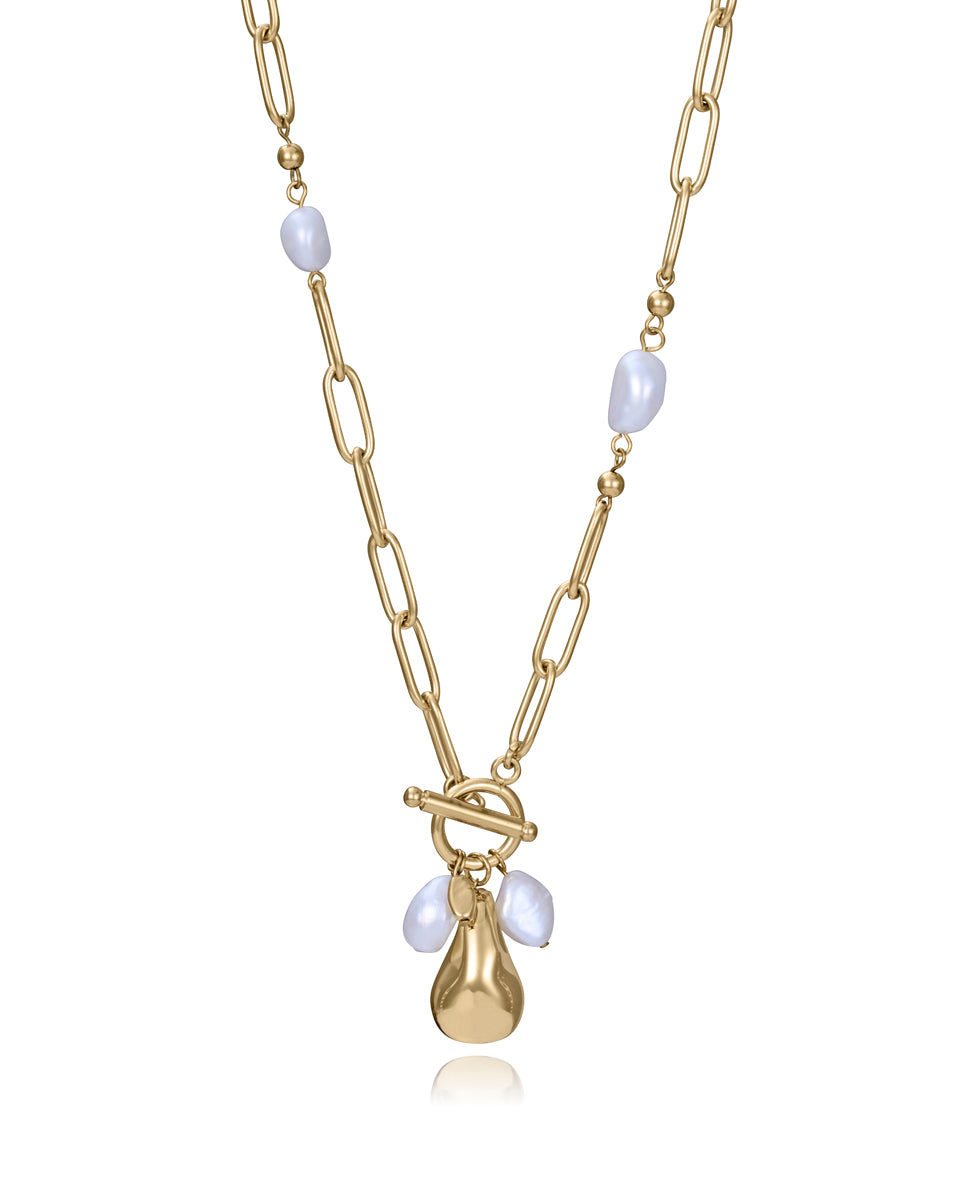 COLLAR DE MUJER DE ACERO IP DORADO CON PERLAS NATURALES