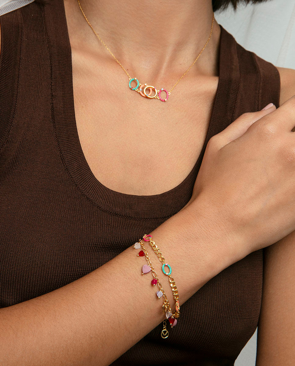 PULSERA DE PLATA DE LEY CON BAÑO DE ORO Y PIEDRAS NATURALES EN FORMA DE CORAZÓN