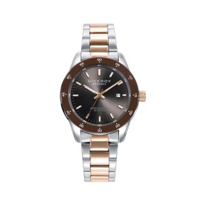 RELOJ CAJA DE ACERO CON BISEL CERÁMICO MARRÓN Y BRAZALETE BICOLOR ROSA CON MOVIMIENTO CUARZO