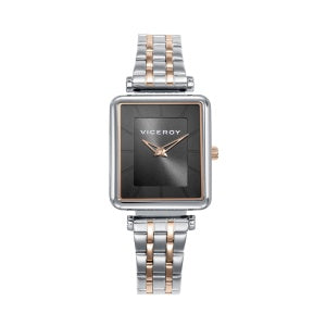 RELOJ CAJA CERO CON CORONA ROSA Y BRAZALETE BICOLOR ROSA CON MOVIMIENTO CUARZO