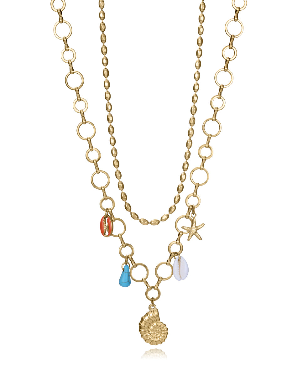 COLLAR DE MUJER DE ACERO IP DORADO CON COLGANTES DE CONCHA NATURAL, PIEDRA SINTÉTICA Y ACERO