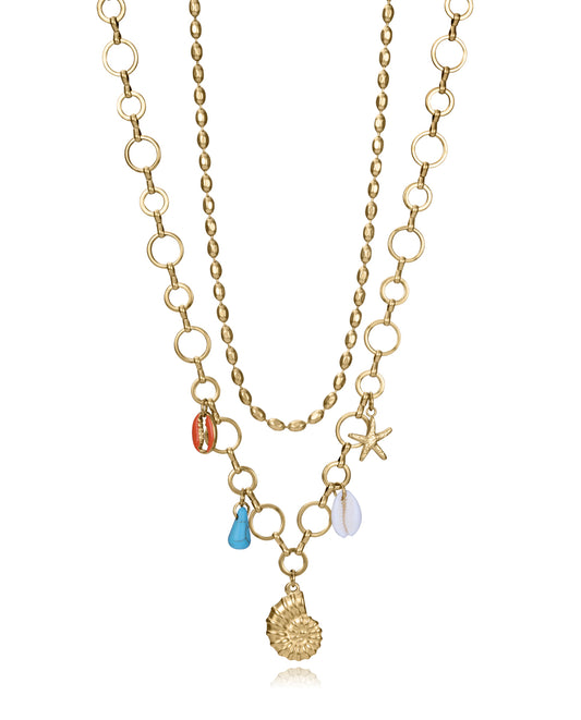 COLLAR DE MUJER DE ACERO IP DORADO CON COLGANTES DE CONCHA NATURAL, PIEDRA SINTÉTICA Y ACERO