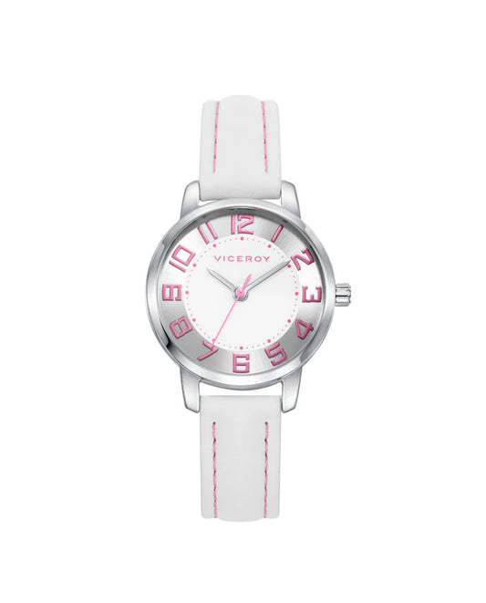 RELOJ PARA NIÑA CON CORREA Y ESFERA BLANCA  Y BISEL PLATEADO. PULSERA DE CORDÓN CON ÁRBOL DE LA VIDA EN PLATA DE LEY DE REGALO. Ref. 401216-05