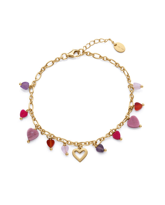 PULSERA DE PLATA DE LEY CON BAÑO DE ORO Y PIEDRAS NATURALES EN FORMA DE CORAZÓN