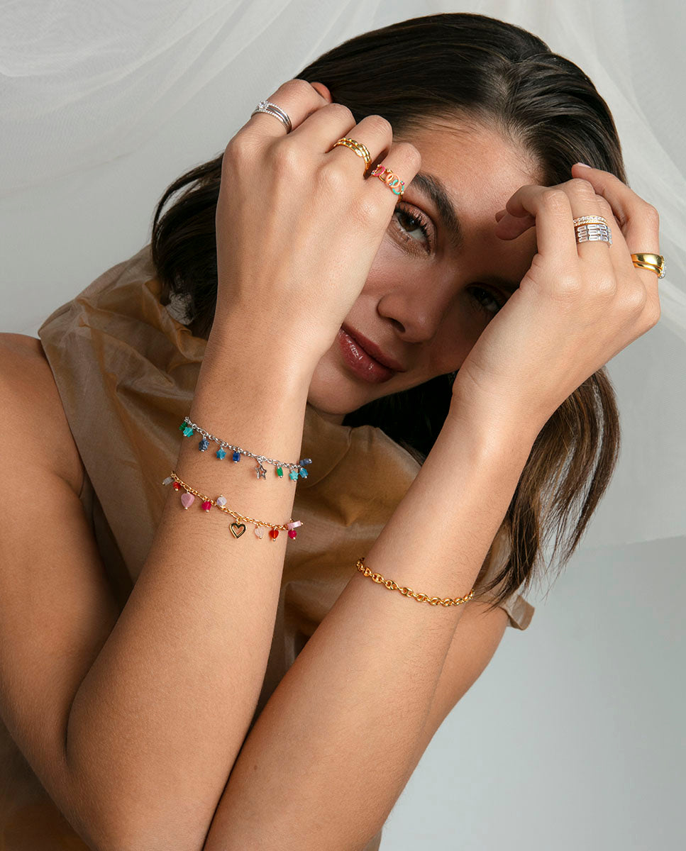 PULSERA DE PLATA DE LEY CON BAÑO DE ORO Y PIEDRAS NATURALES EN FORMA DE CORAZÓN