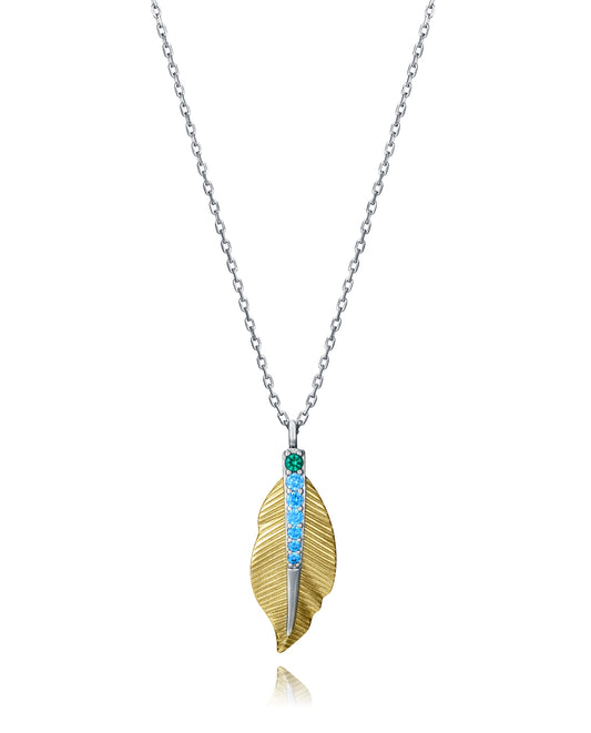 COLLAR DE PLATA DE PRIMERA LEY CON BAÑO DE ORO Y RODIO CON COLGANTE EN FORMA DE PLUMA