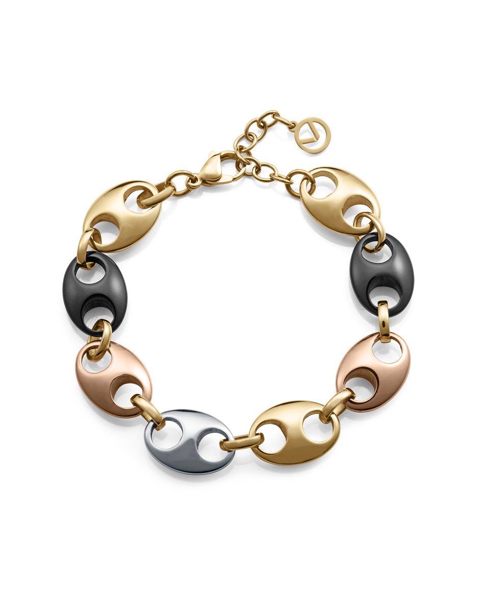 PULSERA DE MUJER DE ACERO TIPO CALABROTE CON IP DORADO, NEGRO Y ROSA