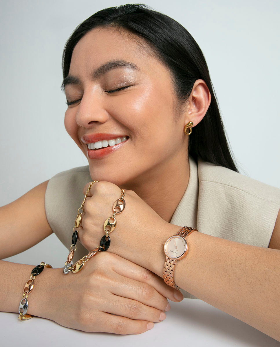 PULSERA DE MUJER DE ACERO TIPO CALABROTE CON IP DORADO, NEGRO Y ROSA