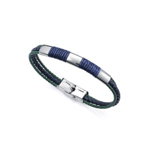PULSERA DE PIEL AZUL Y VERDE, CORDÓN AZUL Y DETALLES EN ACERO