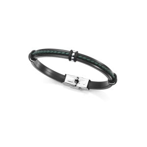 PULSERA DE SILICONA NEGRA, PIEL TRENZADA NEGRA Y VERDE Y MOTIVOS DE ACERO