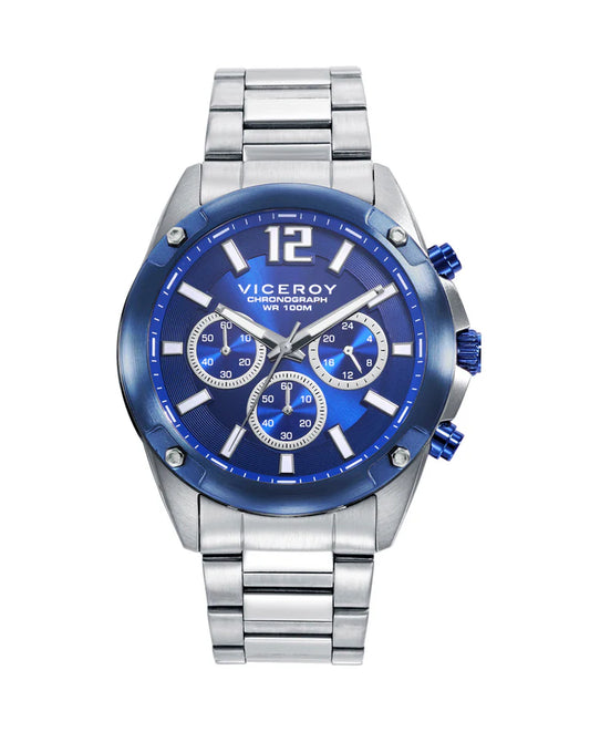 RELOJ CAJA DE ACERO CON BISEL LP AZUL 10 ATM Y BRAZALETE DE ACERO CON MOVIMIENTO CUARZO