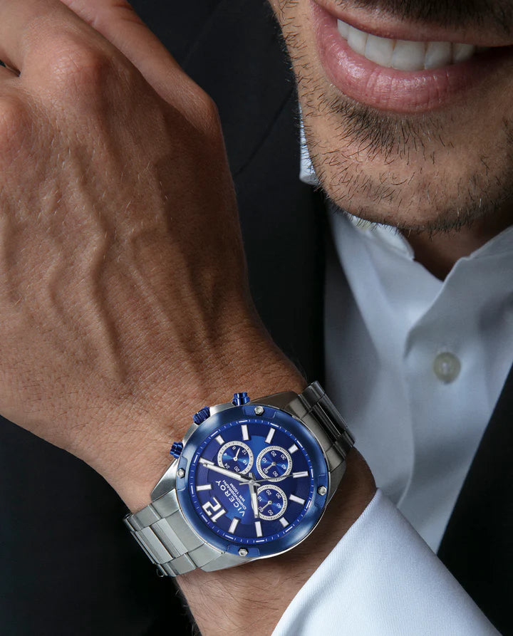 RELOJ CAJA DE ACERO CON BISEL LP AZUL 10 ATM Y BRAZALETE DE ACERO CON MOVIMIENTO CUARZO
