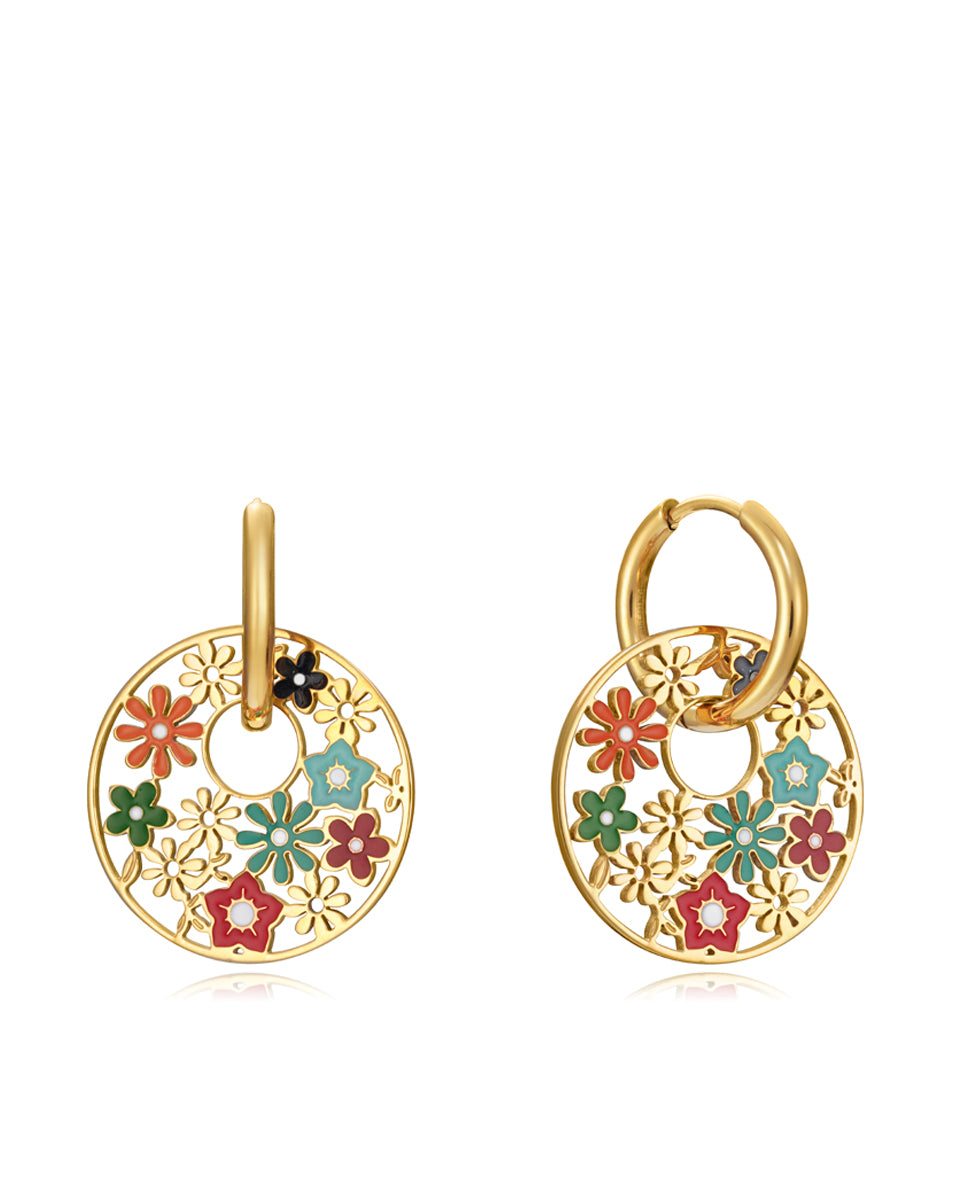 PENDIENTES KISS DE ACERO DORADO CON MOTIVO DE FLORES DE COLORES