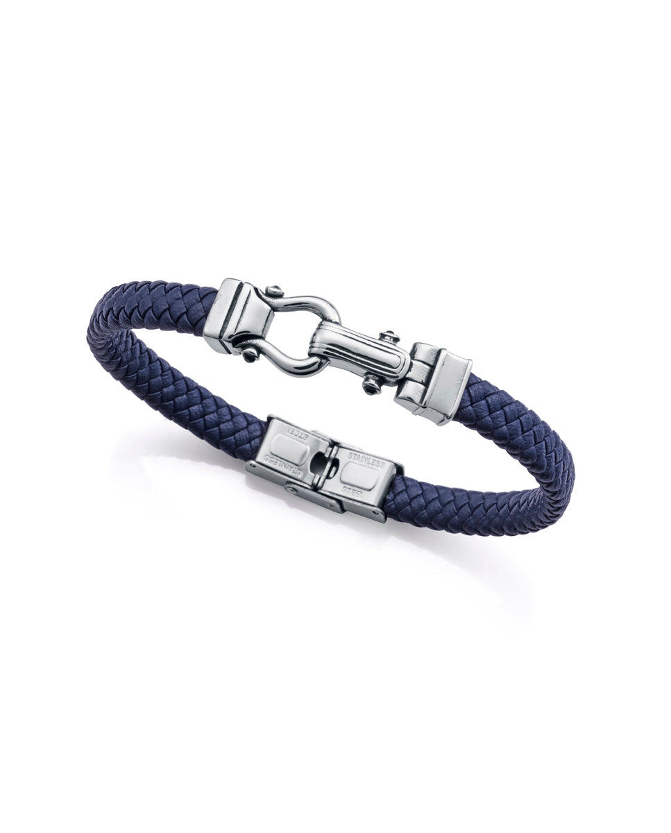PULSERA DE HOMBRE DE ACERO Y PIEL AZUL TRENZADA