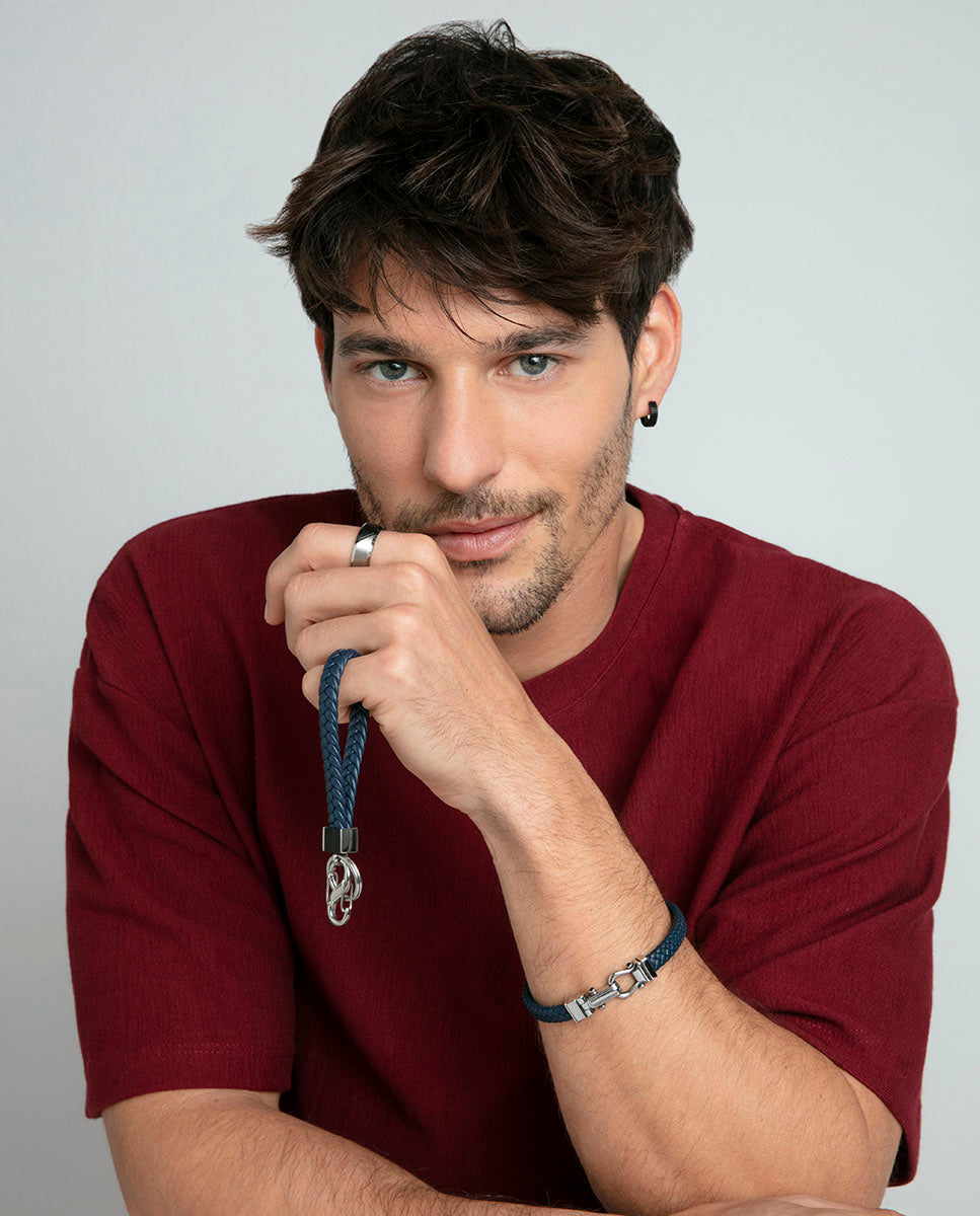 PULSERA DE HOMBRE DE ACERO Y PIEL AZUL TRENZADA
