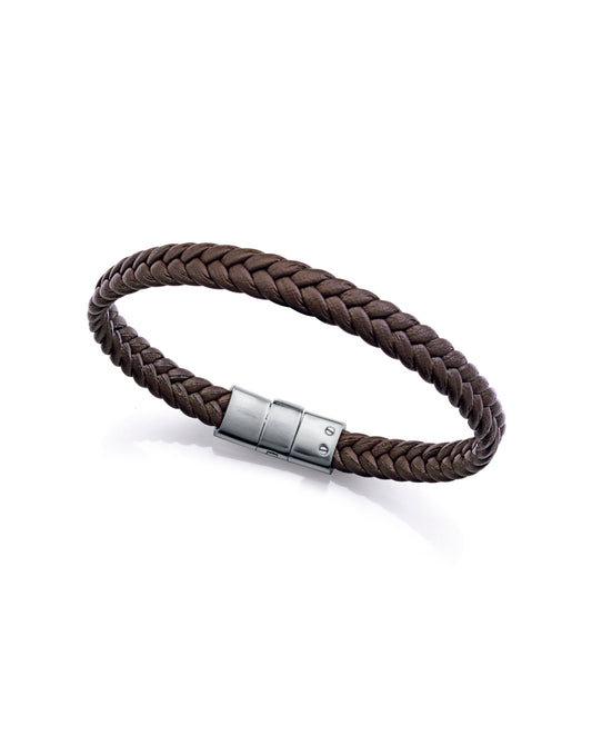 PULSERA DE HOMBRE DE ACERO Y PIEL TRENZADA MARRÓN