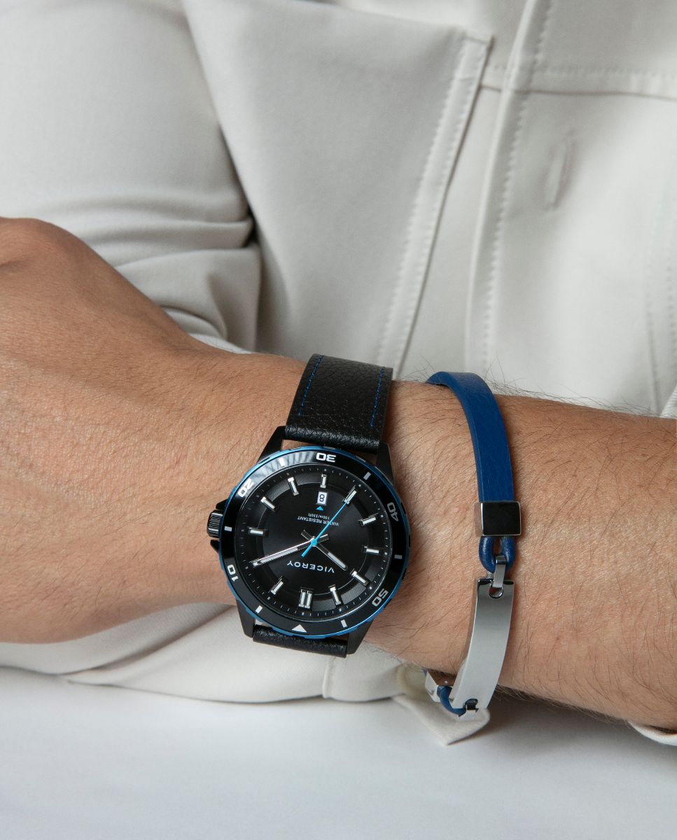 PULSERA DE HOMBRE DE ACERO Y PIEL AZUL