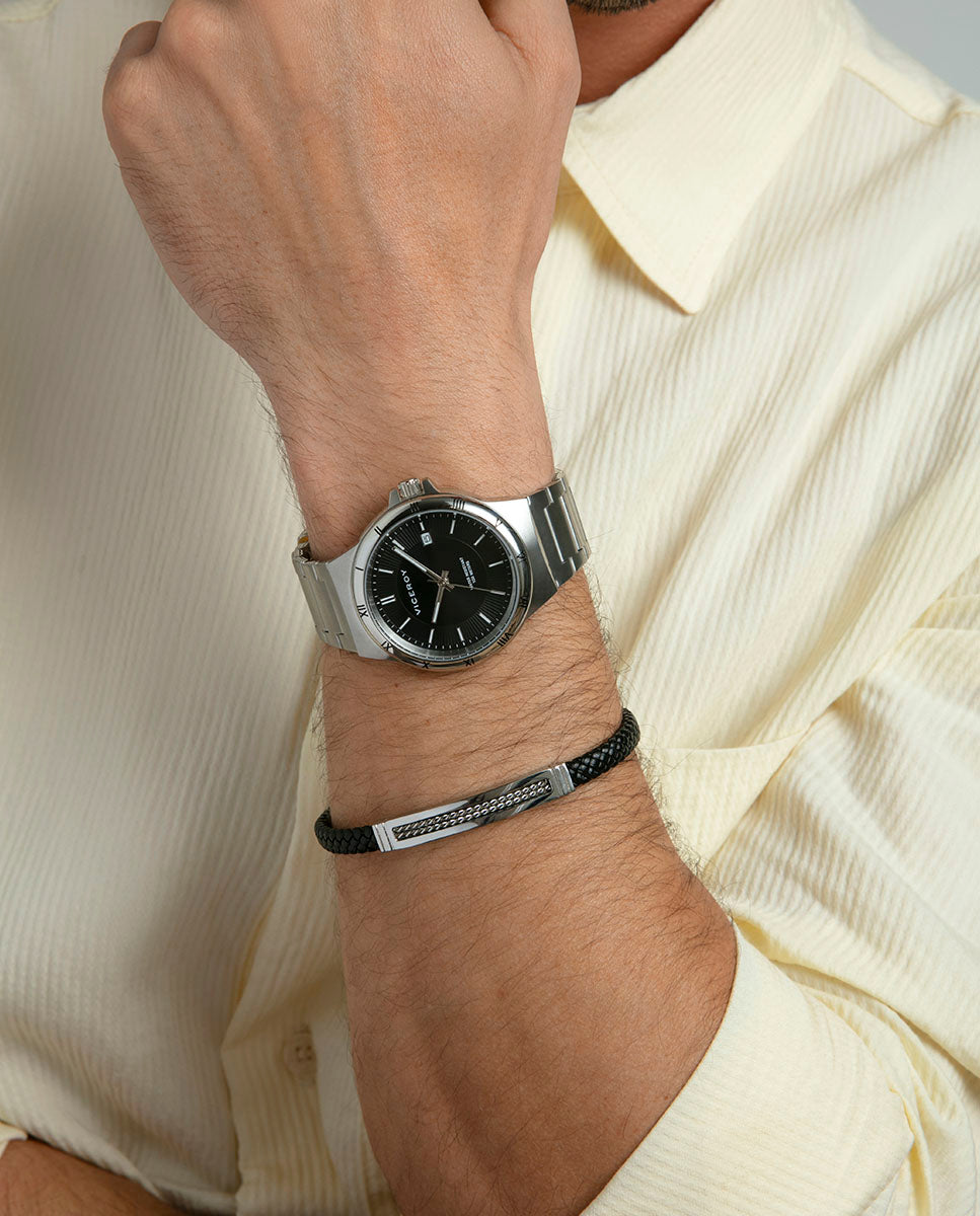PULSERA DE HOMBRE DE ACERO Y PIEL NEGRA