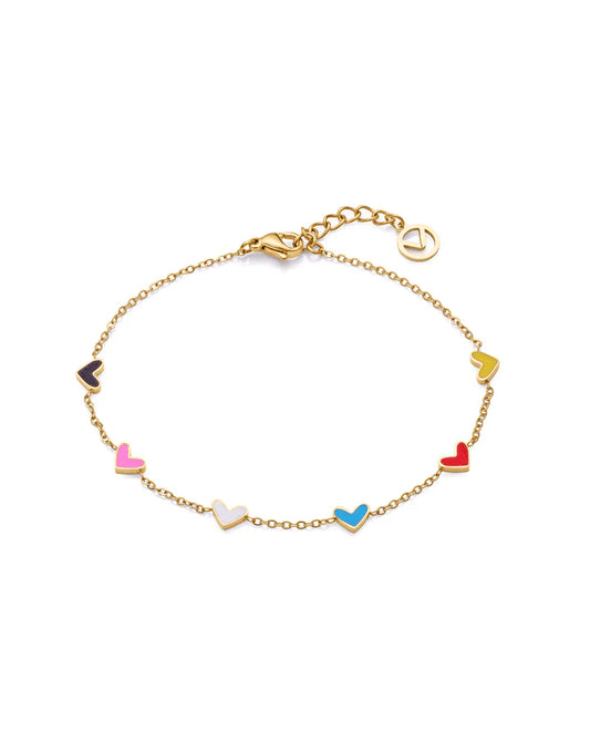 PULSERA LOVE DE ACERO DORADO CON CORAZONES Y ESMALTE DE COLORES. Ref. 14001P01012
