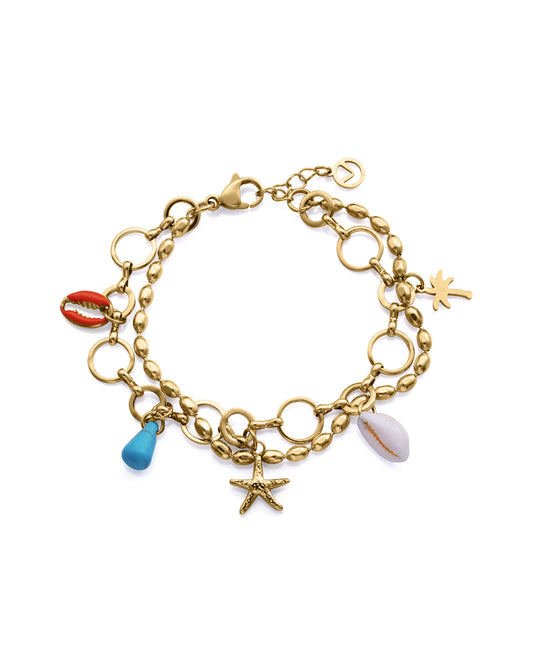 PULSERA DE MUJER DE AECRO IP DORADO CON COLGANTES DE CONCHA NATURAL, PIEDRA SINTÉTICA Y ACERO