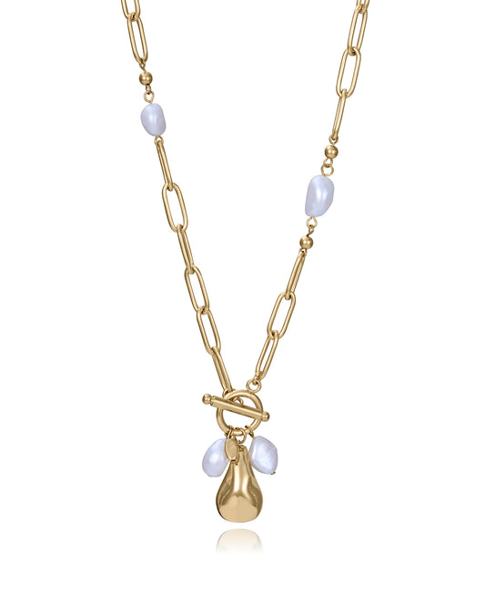 COLLAR DE MUJER DE ACERO IP DORADO CON PERLAS NATURALES